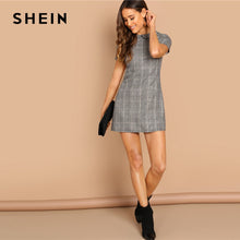 Cargar imagen en el visor de la galería, SHEIN Grey 100% Cotton Peter-Pan-Collar Plaid Short Sheath Short Sleeve Flared Dress Autumn Elegant Modern Lady Women Dresses
