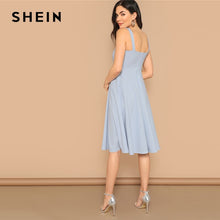 将图片加载到图库查看器，SHEIN Blue Zip Back Fit and Flare Tank Midi Dress 2019 Spring A Line Fit And Flare High Waist Sleeveless Elegant Dresses
