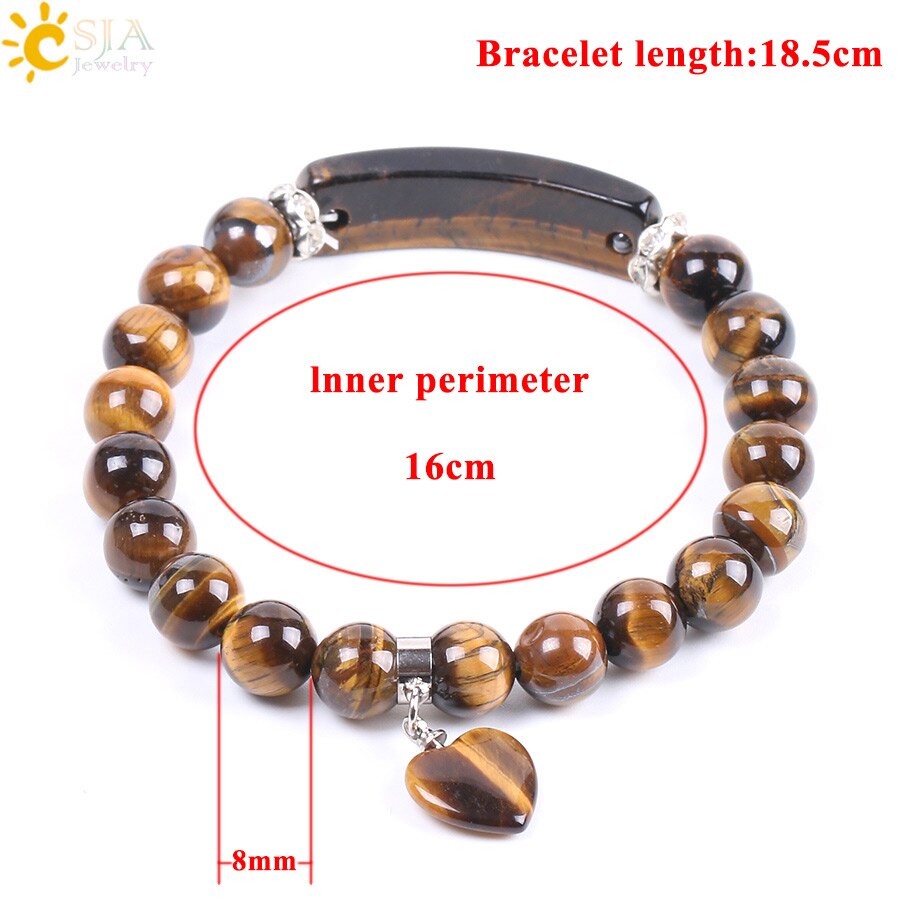 CSJA Natural Stone Beads Tiger Eye Men Strand Bracelets & Bangles Heart Shape Silver Color Fitting Women Jewelry Love Gifts F105