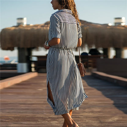 Aachoae Turn Down Collar Office Ladies Stripe Shirt Dress Long Boho Beach Dress Casual Long Sleeve Elegant Party Dress Vestidos