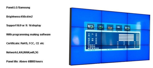 55 inch LED LCD TV 3x3 Screen Display 1.7mm/3.5mm bezel 4K HD LCD led video TV wall