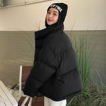 Korean Style 2019 Winter Jacket Women Stand Collar Solid Black White Female Down Coat Loose Oversized Womens Short Parka