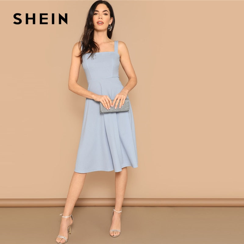 SHEIN Blue Zip Back Fit and Flare Tank Midi Dress 2019 Spring A Line Fit And Flare High Waist Sleeveless Elegant Dresses