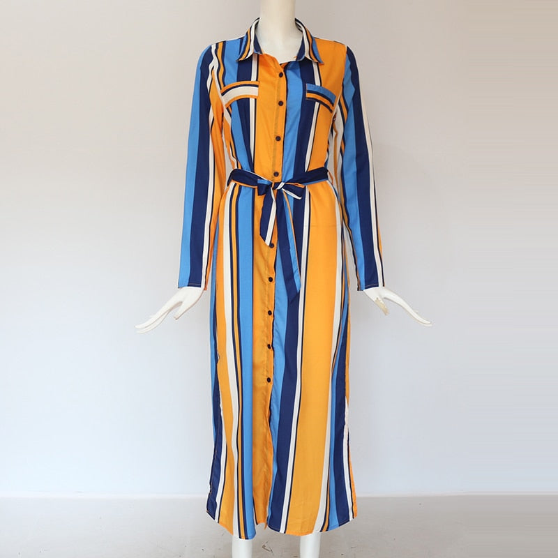 Aachoae Turn Down Collar Office Ladies Stripe Shirt Dress Long Boho Beach Dress Casual Long Sleeve Elegant Party Dress Vestidos