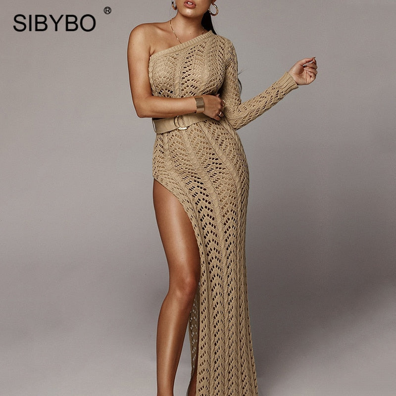 Sibybo Knitted One Shoulder Split Summer Dress Women Hollow Out Sashes Loose Sexy Long Dress Beach Casual Maxi Dress Party 2019