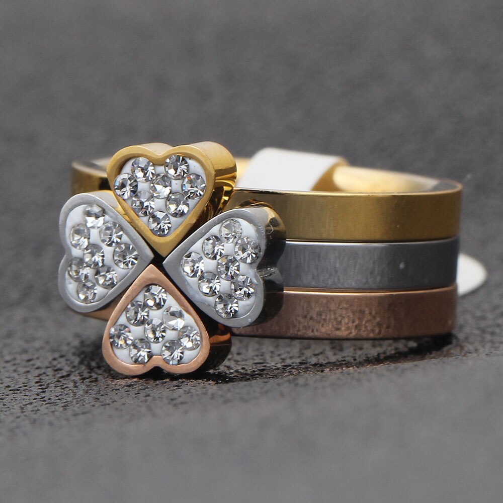 Gorgeous Three Ring Set For Women High Quality Stainless Steel three colors Crystal Clover Ring With crystals