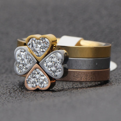 Gorgeous Three Ring Set For Women High Quality Stainless Steel three colors Crystal Clover Ring With crystals