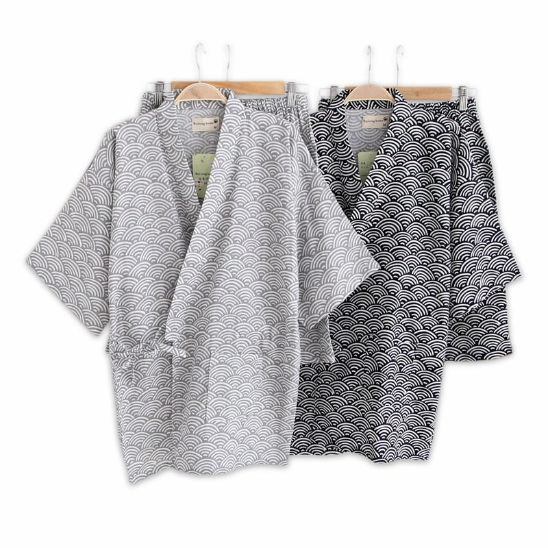 Simple Wave 100% cotton Men's pyjamas men short sleeves sleepwear Japanese Kimono pajamas sets shorts home bathrobes bedgown