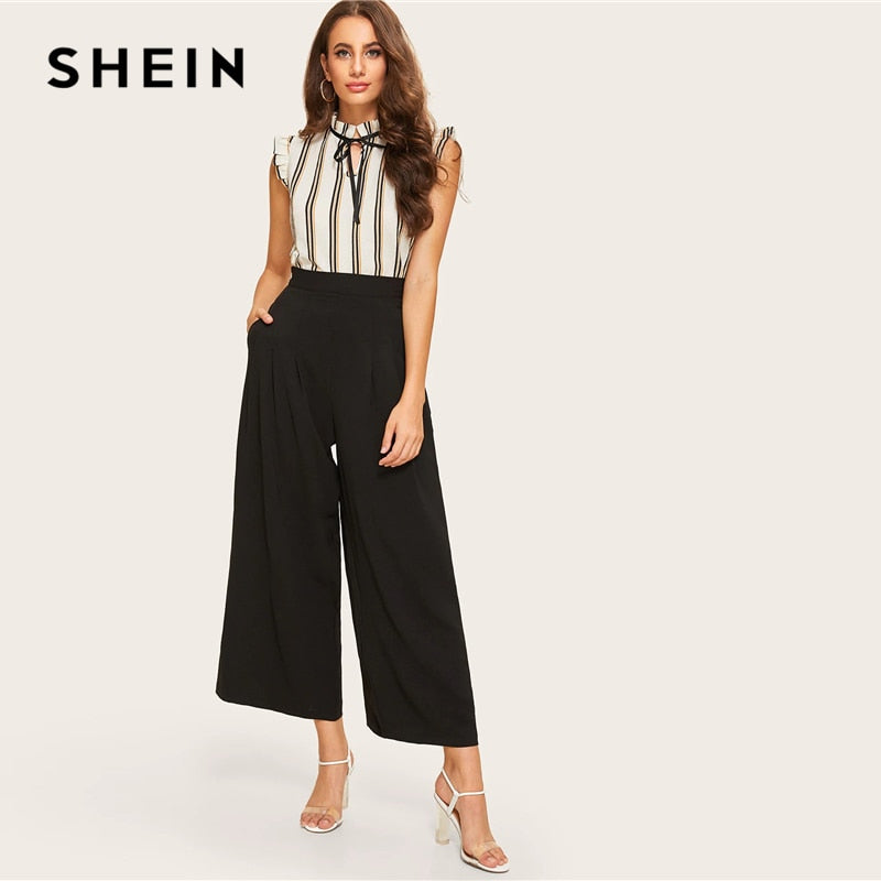 SHEIN Zip Side Slant Pocket Wide Leg Crop Pants 2019 Elegant Women Black Solid Spring Autumn Trousers Wide Leg Pants