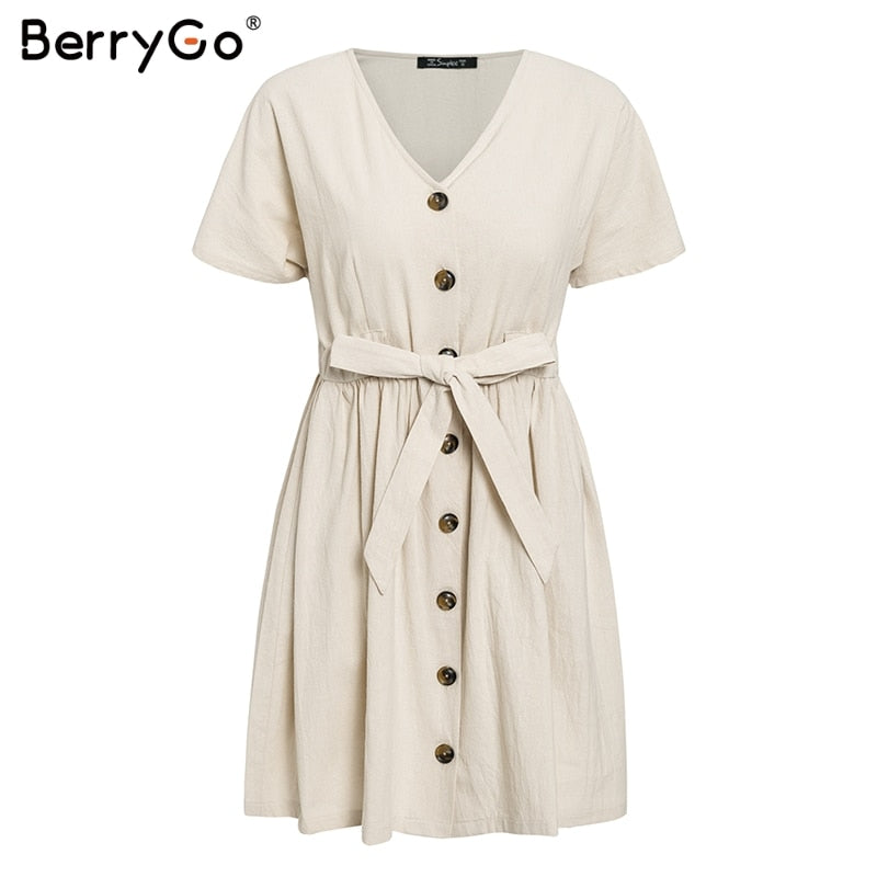 BerryGo Sexy v-neck women dresses linen dress Vintage short sleeve button sash mini dress Casual streetwear summer dress vestido
