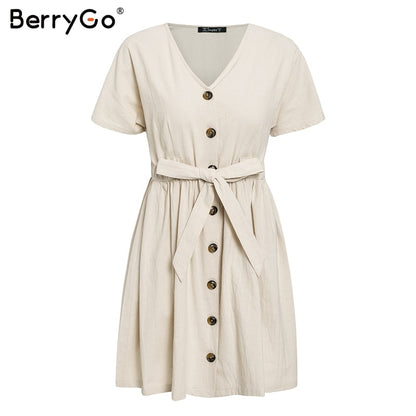 BerryGo Sexy v-neck women dresses linen dress Vintage short sleeve button sash mini dress Casual streetwear summer dress vestido