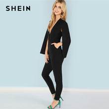 将图片加载到图库查看器，SHEIN Black Highstreet Office Lady Plunging Neck Cloak Sleeve Modern Sexy Maxi Tapered Jumpsuit Autumn Women Workwear Jumpsuits
