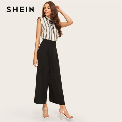 SHEIN Zip Side Slant Pocket Wide Leg Crop Pants 2019 Elegant Women Black Solid Spring Autumn Trousers Wide Leg Pants