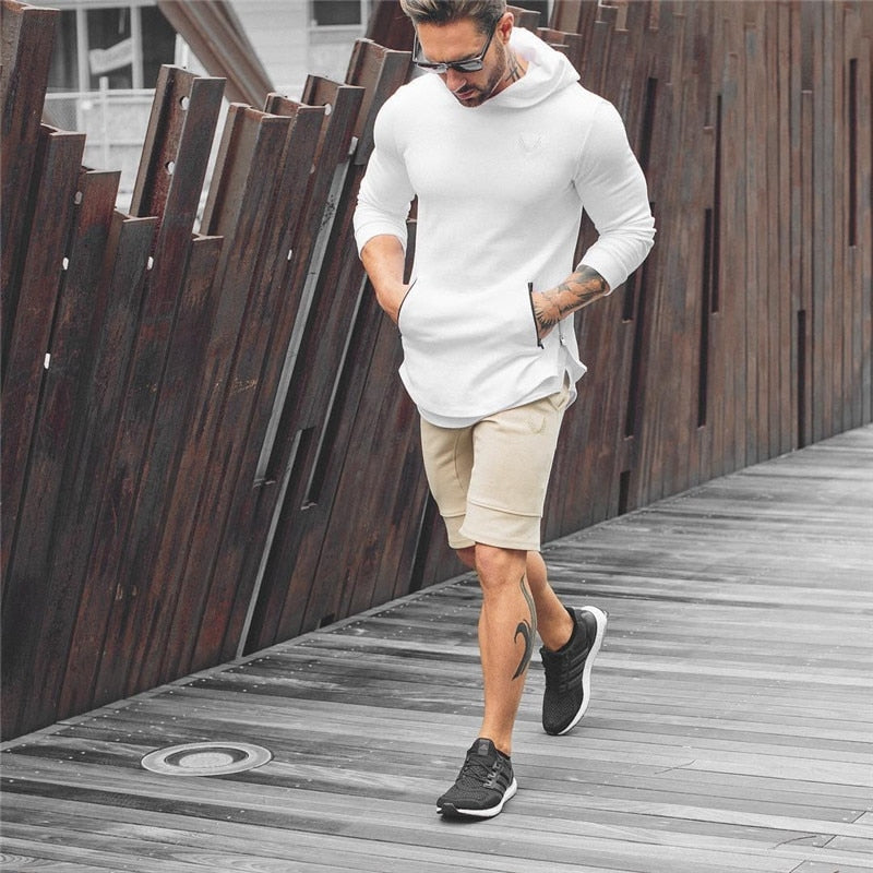 Men Pocket Embroider Side Zipper Hoodie