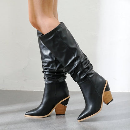 Black White Fashion Pleated Knee High Boots Women Pu Leather Wedges High Heels Long Boots Pointed Toe Autumn Winter Plush Shoes