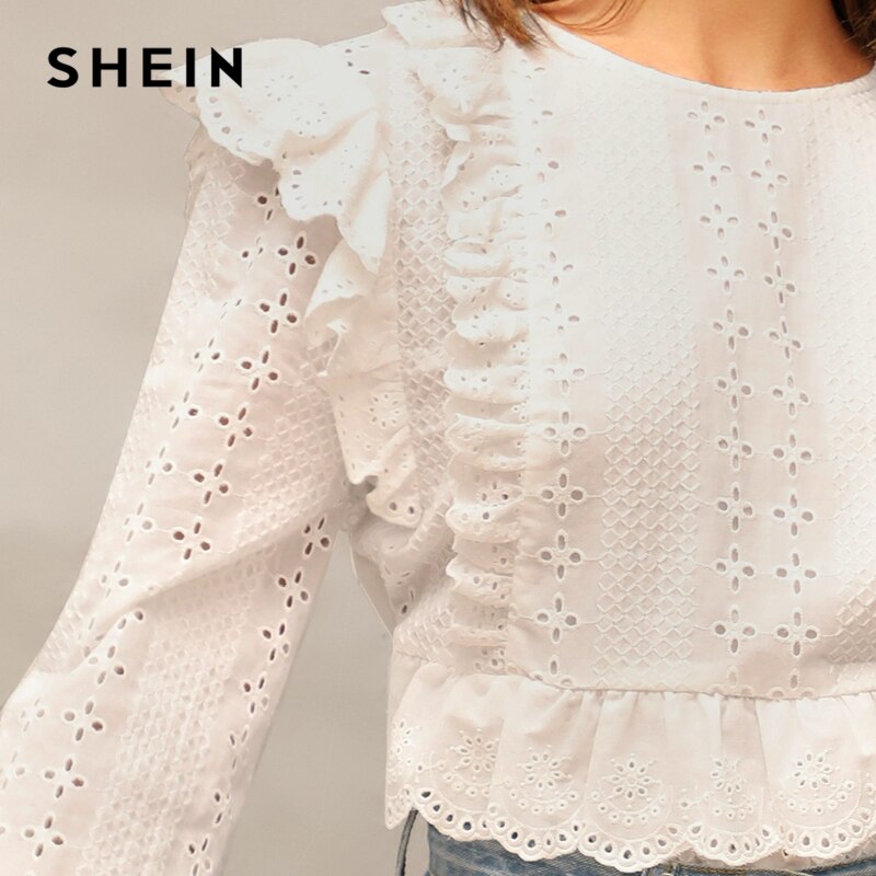 SHEIN White Ruffle Trim Embroidered Eyelet Top Flounce Sleeve Lace Blouse Women Spring Solid Scallop Front Boho Elegant Blouses