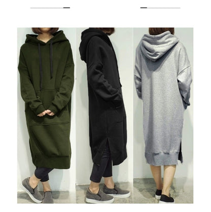 Women's Casual Loose Long Hoodies Autumn Solid Color Sweatshirt Hooded Sweatshirt Dress. Hoodie Dress