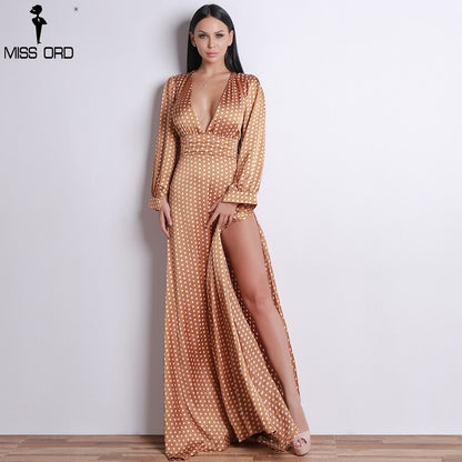 Missord 2020 Deep V Polka Dot Split Boho Beach Summer Dresses Elegant Designer Floor Length Dress Women Cloth FT18443
