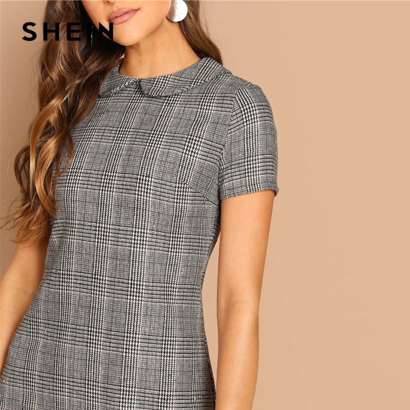 Peter-Pan-Collar Plaid Short Sheath Short Sleeve Flared Dress