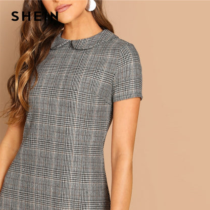 Peter-Pan-Collar Plaid Short Sheath Short Sleeve Flared Dress