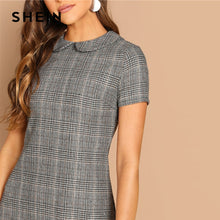 Cargar imagen en el visor de la galería, SHEIN Grey 100% Cotton Peter-Pan-Collar Plaid Short Sheath Short Sleeve Flared Dress Autumn Elegant Modern Lady Women Dresses
