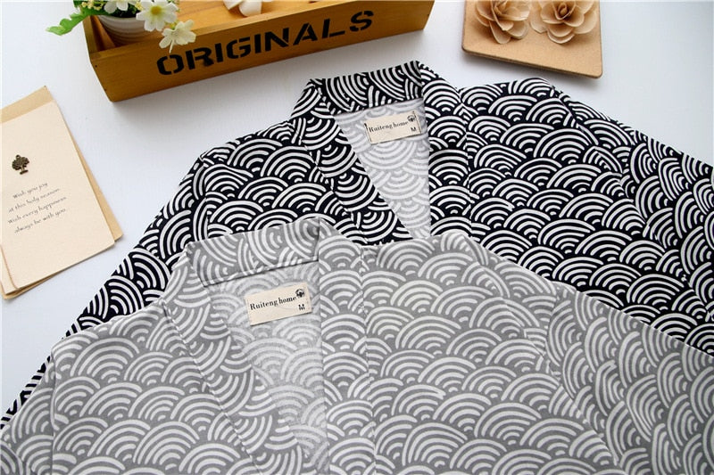 Simple Wave 100% cotton Men's pyjamas men short sleeves sleepwear Japanese Kimono pajamas sets shorts home bathrobes bedgown