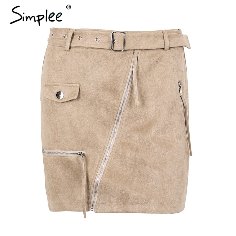 Simplee Suede zipper mini skirt women Streetwear motorcycle belt pencil skirt Fashion elegant winter short skirt female 2018