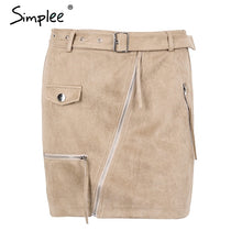 Load image into Gallery viewer, Simplee Suede zipper mini skirt women Streetwear motorcycle belt pencil skirt Fashion elegant winter short skirt female 2018
