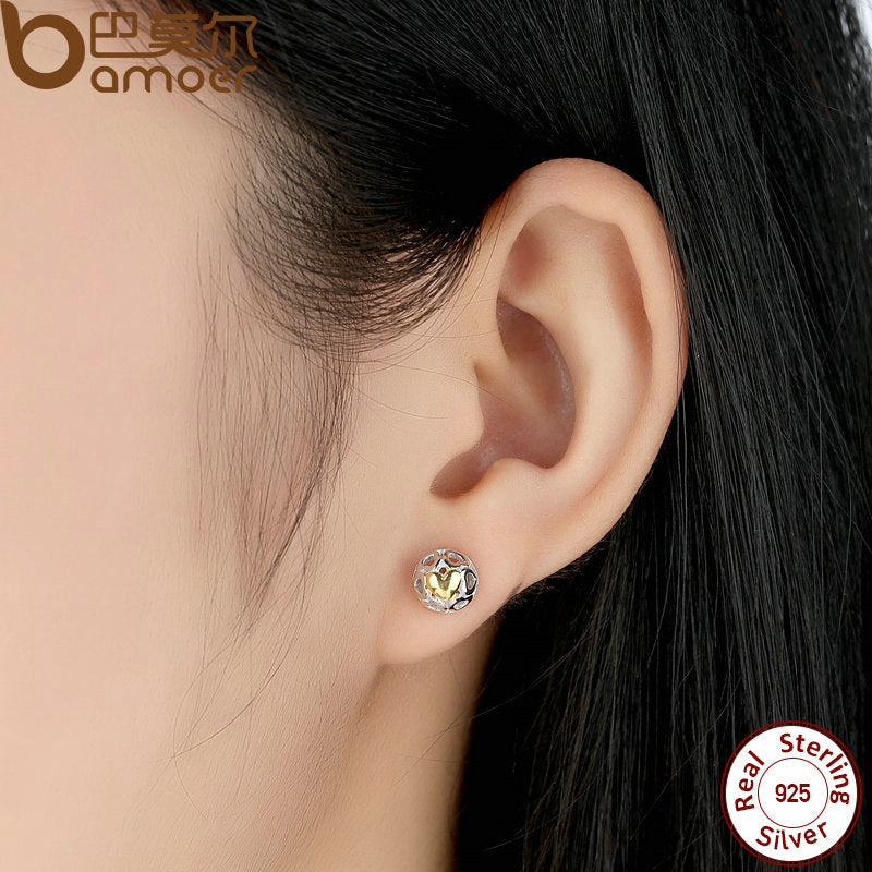 BAMOER Brincos 925 Sterling Silver My One True Love Stud Earrings for Women Openwork Heart Earrings Fine Jewelry PAS443