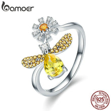 Load image into Gallery viewer, BAMOER 100% Authentic 925 Sterling Silver Fashion Bee with Daisy Flower Open Size Finger Ring for Women Party Jewelry SCR348
