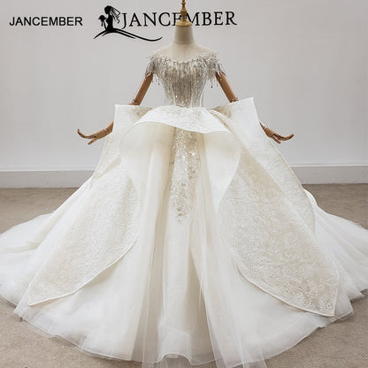 HTL1932 Ball-Gown Beaded Crystal Luxury Wedding Dress 2020 Short Sleeve O-Neck Lace Up Back Off The Shoulder