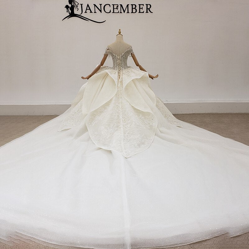 HTL1932 Ball-Gown Beaded Crystal Luxury Wedding Dress 2020 Short Sleeve O-Neck Lace Up Back Off The Shoulder