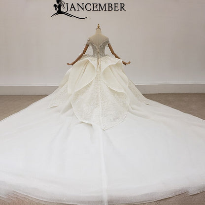 HTL1932 Ball-Gown Beaded Crystal Luxury Wedding Dress 2020 Short Sleeve O-Neck Lace Up Back Off The Shoulder
