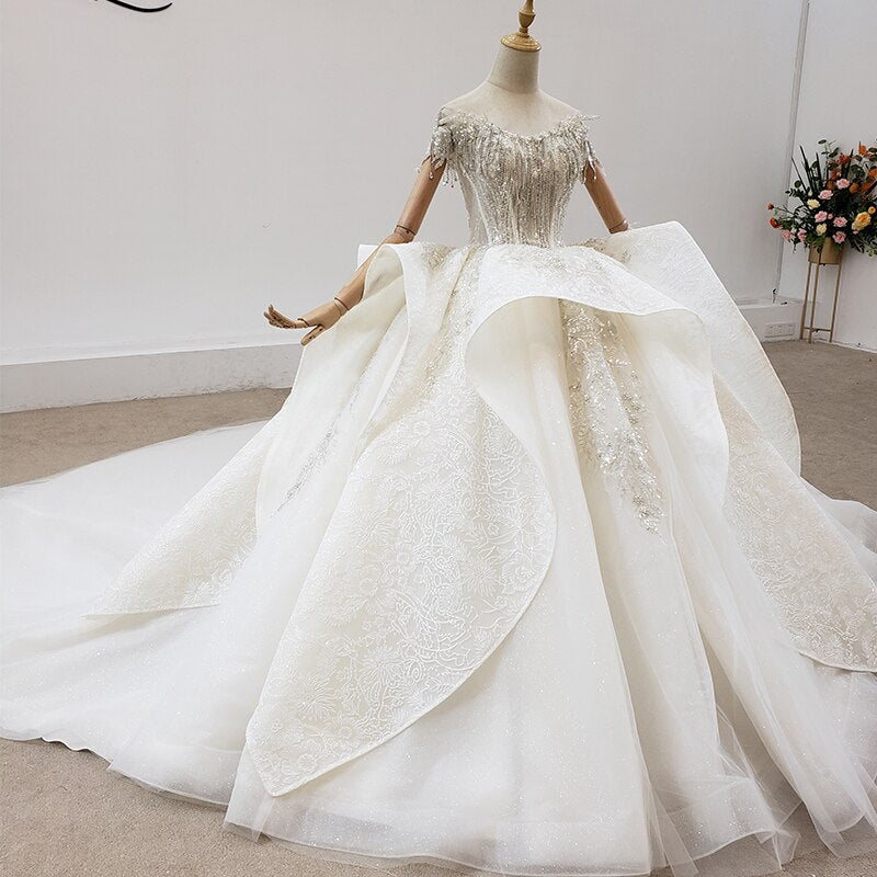 HTL1932 Ball-Gown Beaded Crystal Luxury Wedding Dress 2020 Short Sleeve O-Neck Lace Up Back Off The Shoulder