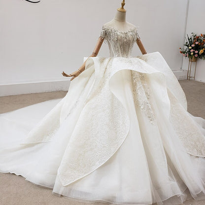 HTL1932 Ball-Gown Beaded Crystal Luxury Wedding Dress 2020 Short Sleeve O-Neck Lace Up Back Off The Shoulder