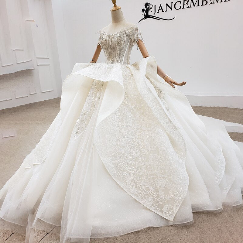 HTL1932 Ball-Gown Beaded Crystal Luxury Wedding Dress 2020 Short Sleeve O-Neck Lace Up Back Off The Shoulder