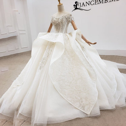 HTL1932 Ball-Gown Beaded Crystal Luxury Wedding Dress 2020 Short Sleeve O-Neck Lace Up Back Off The Shoulder