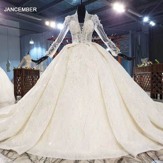 HTL1948 Luxurious Champagne Appliques Crystal Sequined Wedding Dress 2020 Long Sleeve Deep V-Neck Ball Gowns