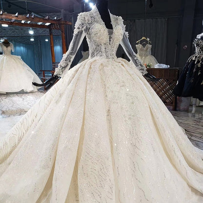 HTL1948 Luxurious Champagne Appliques Crystal Sequined Wedding Dress 2020 Long Sleeve Deep V-Neck Ball Gowns