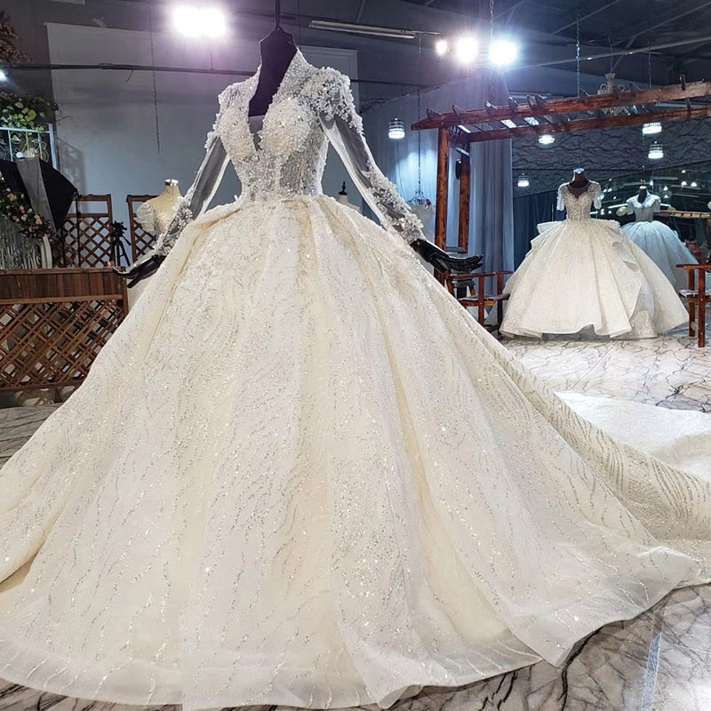 HTL1948 Luxurious Champagne Appliques Crystal Sequined Wedding Dress 2020 Long Sleeve Deep V-Neck Ball Gowns