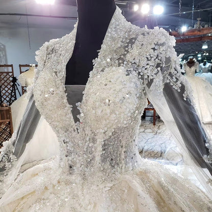 HTL1948 Luxurious Champagne Appliques Crystal Sequined Wedding Dress 2020 Long Sleeve Deep V-Neck Ball Gowns