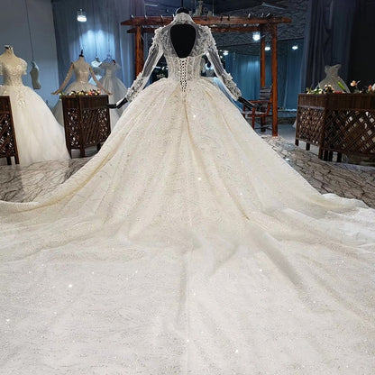 HTL1948 Luxurious Champagne Appliques Crystal Sequined Wedding Dress 2020 Long Sleeve Deep V-Neck Ball Gowns