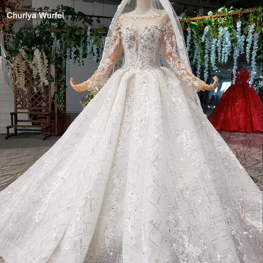 HTL954 Long Sleeve Wedding Dresses Illusion O-neck Beads Crystal Bridal Dresses Women Bride