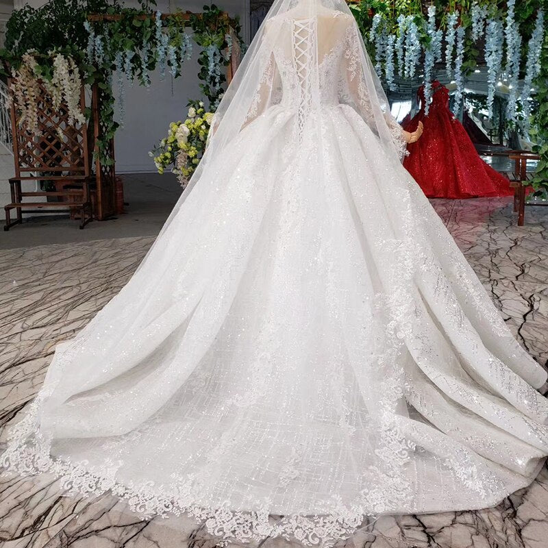 HTL954 Long Sleeve Wedding Dresses Illusion O-neck Beads Crystal Bridal Dresses Women Bride