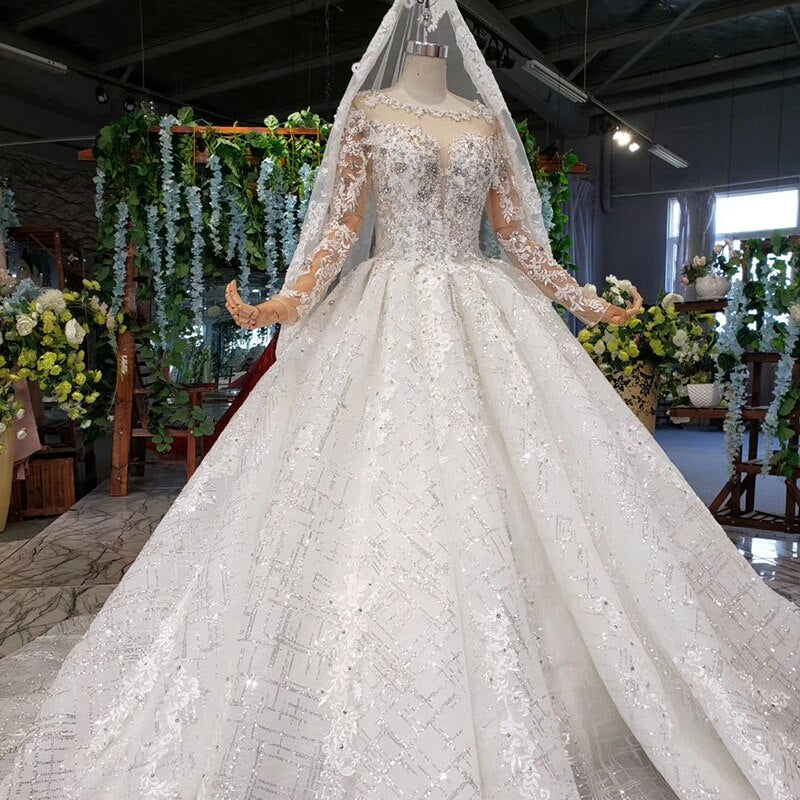 HTL954 Long Sleeve Wedding Dresses Illusion O-neck Beads Crystal Bridal Dresses Women Bride
