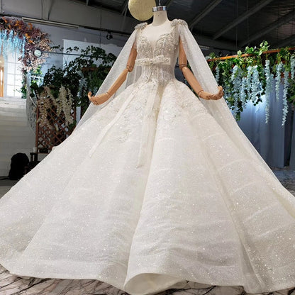 HTL973 ball gown wedding dresses detachable sleeve shawl o-neck bow belt bead wedding gowns with tail glitter robe mariage femme