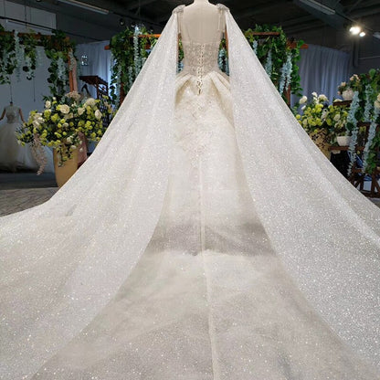 HTL973 ball gown wedding dresses detachable sleeve shawl o-neck bow belt bead wedding gowns with tail glitter robe mariage femme