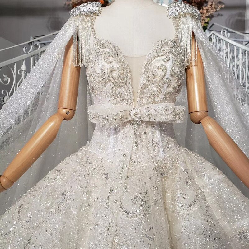 HTL973 ball gown wedding dresses detachable sleeve shawl o-neck bow belt bead wedding gowns with tail glitter robe mariage femme