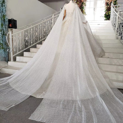 HTL973 ball gown wedding dresses detachable sleeve shawl o-neck bow belt bead wedding gowns with tail glitter robe mariage femme