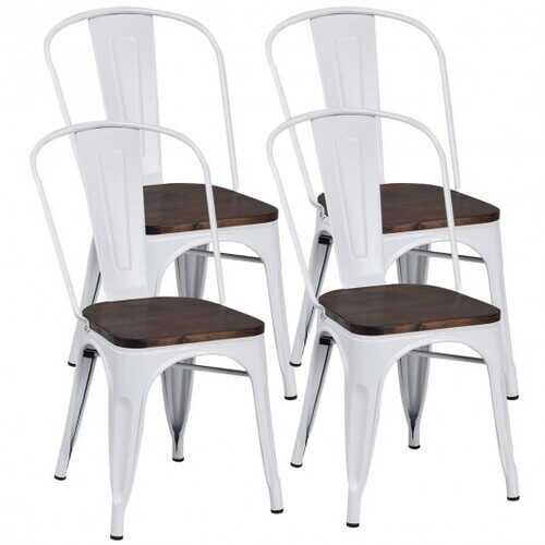 4 pcs Tolix Style Metal Dining Side Chair Stackable Wood Seat-White - Color: White